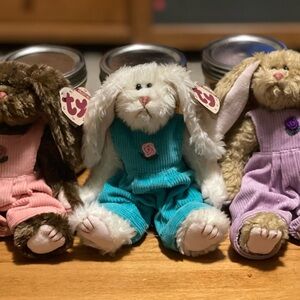 1993 Ty Plush 3 Bunny Trio - White, Brown, Tan with Colorful (Removable) Outfits